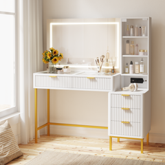 EROMMY Fluted Makeup Vanity Desk with Mirror, Lights,5 Drawers, 3 Storage Shelves and Charging Station, White Gold-Erommy