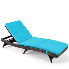 Patio Rattan Chaise Lounge Chairs Adjustable Poolside Loungers w/ Blue Cushion