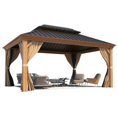 EROMMY 12' x 14' Hardtop Wooden Finish Aluminum Patio Gazebo w/ Galvanized Steel Metal Double Roof, Curtains &Netting