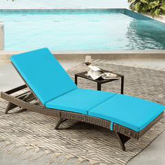 Patio Rattan Chaise Lounge Chairs Adjustable Poolside Loungers w/ Blue Cushion