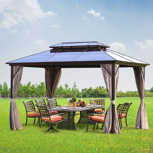 EROMMY Patio Hardtop Gazebo 10x13ft Double-Roof Aluminum Gazebos w/ Netting & Curtains - Erommy