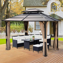 EROMMY 10' x 12' Outdoor Double Iron Roof Hardtop Gazebo with Curtains and Netting,  Anti-Rust Coating Frame