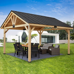EROMMY 13x16 FT Hardtop Gazebo, Solid Spruce Wood Gazebo with Waterproof Asphalt Roof